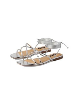Nine West Mikila Metallic Silver Strappy Lace Up Sandals Square Toe, Size 8.5M